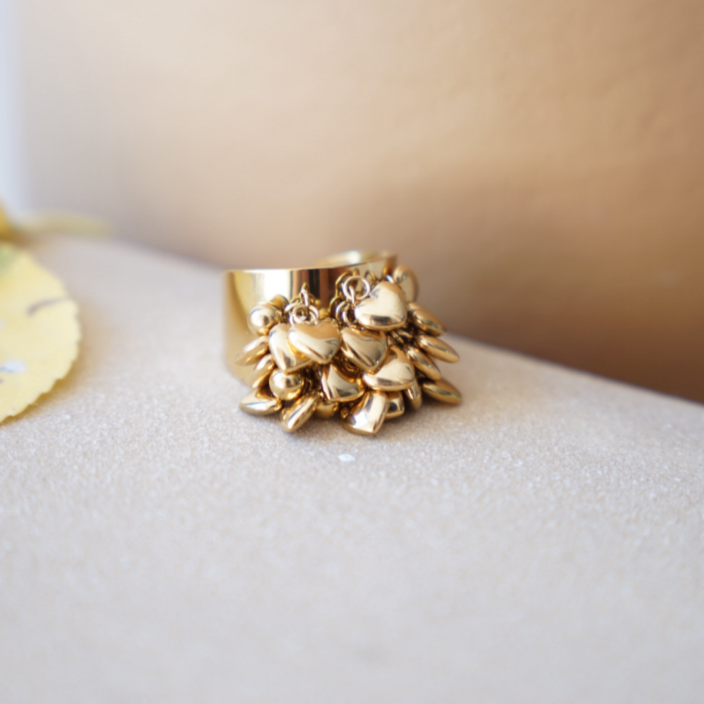 Astra Amore – wide gold statement ring with hearts – detail 6 – Wear Celestials