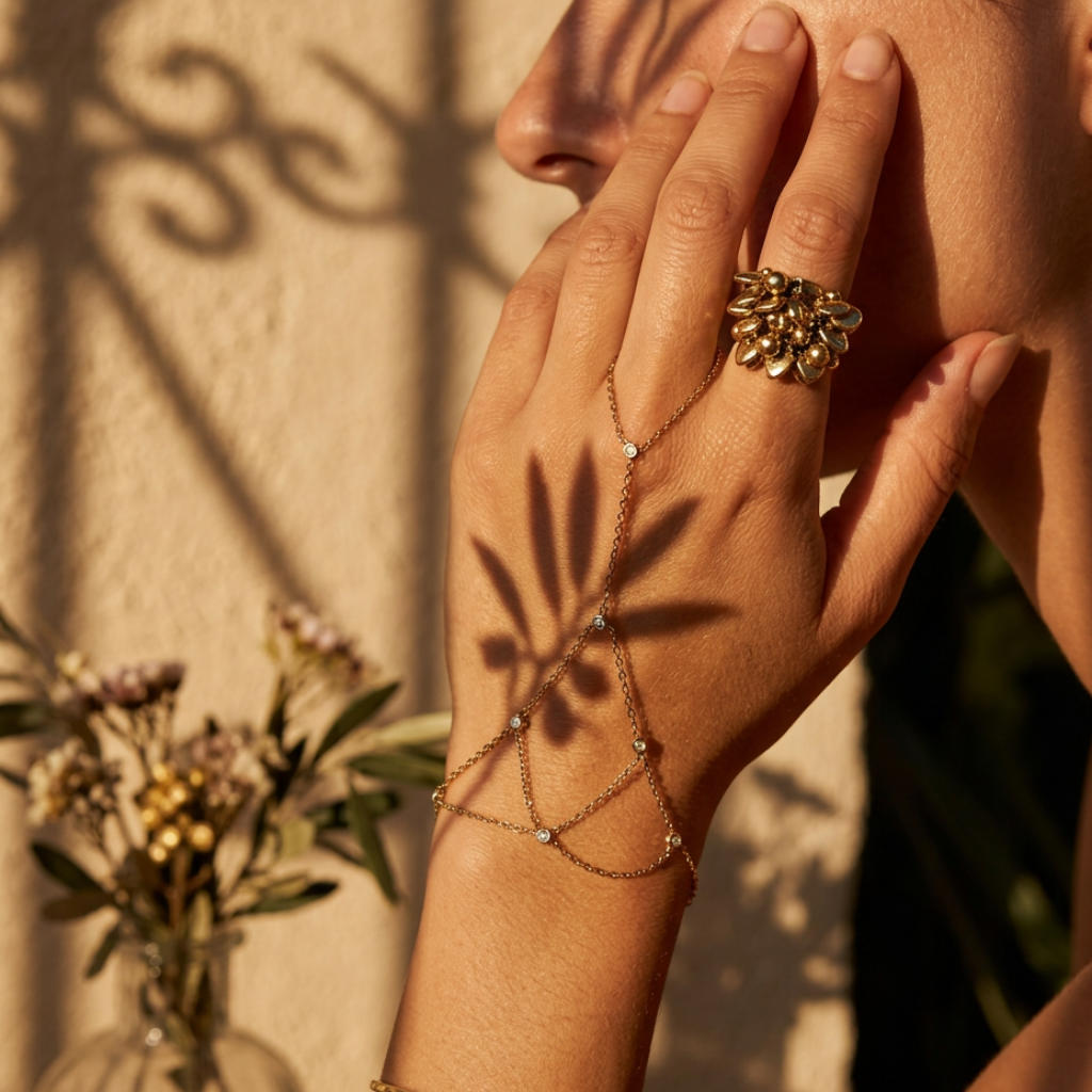 Constella – minimal gold hand chain with spheres – detail 4 – Wear Celestials