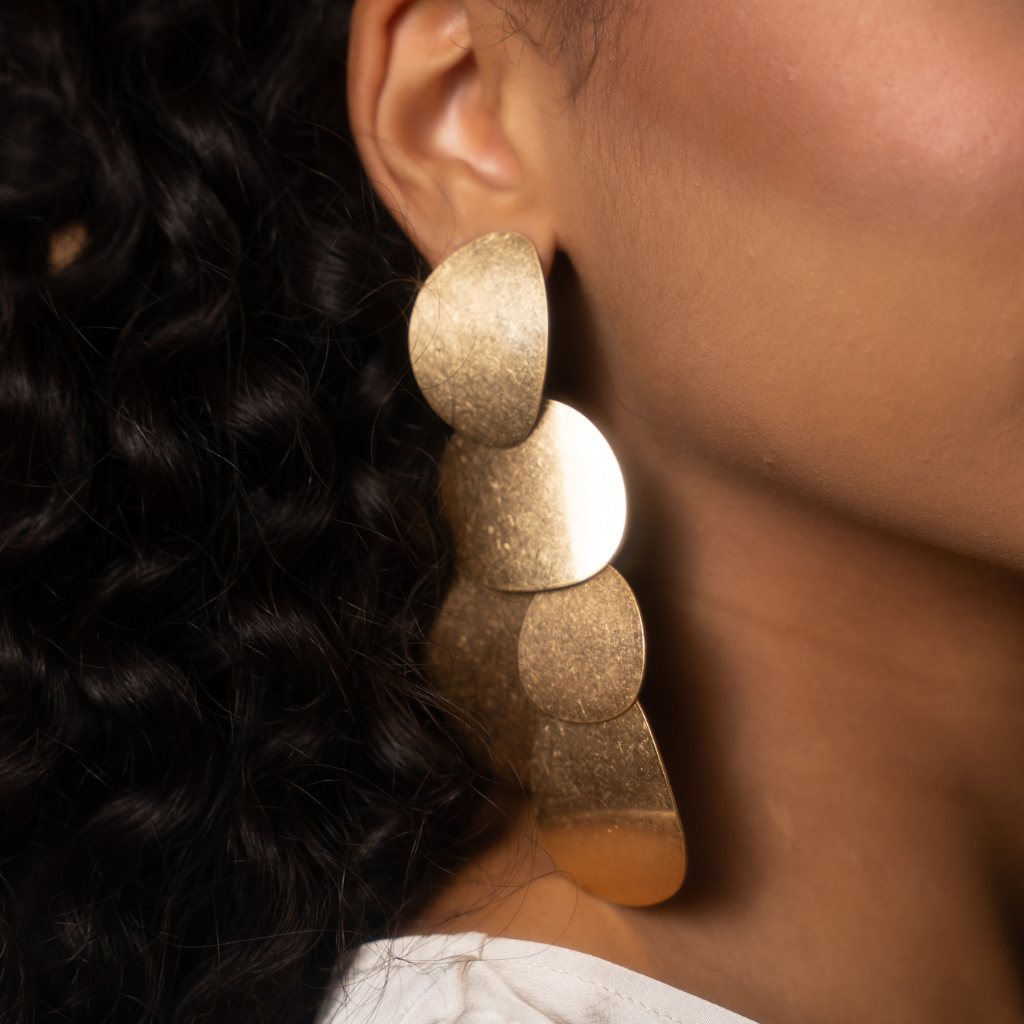Alora – long golden earrings with matte hammered circles – detail 2 – Wear Celestials