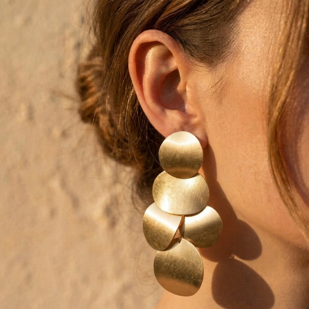 Alora – long golden earrings with matte hammered circles – detail 7 – Wear Celestials