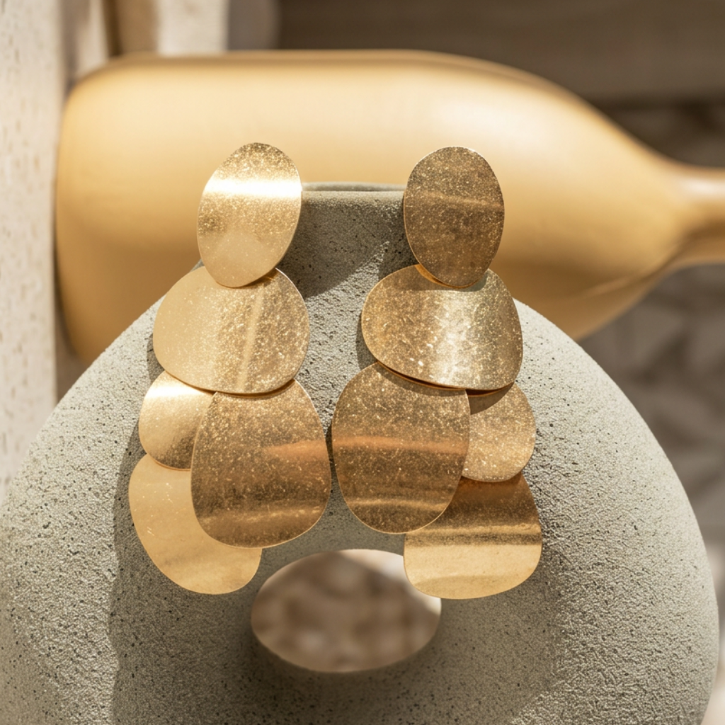 Alora – long golden earrings with matte hammered circles – detail 5 – Wear Celestials