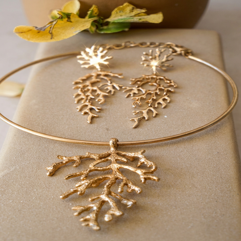 Árbol Celestial – gold tree branch jewellery set, pendant and earrings, gold plated – detail 8 – Wear Celestials
