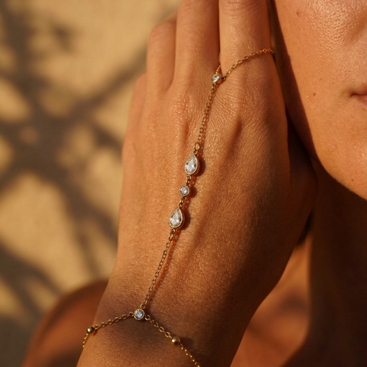 Astra – gold hand chain with crystals – detail 2 – Wear Celestials