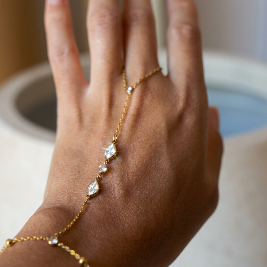 Astra – gold hand chain with crystals – detail 3 – Wear Celestials