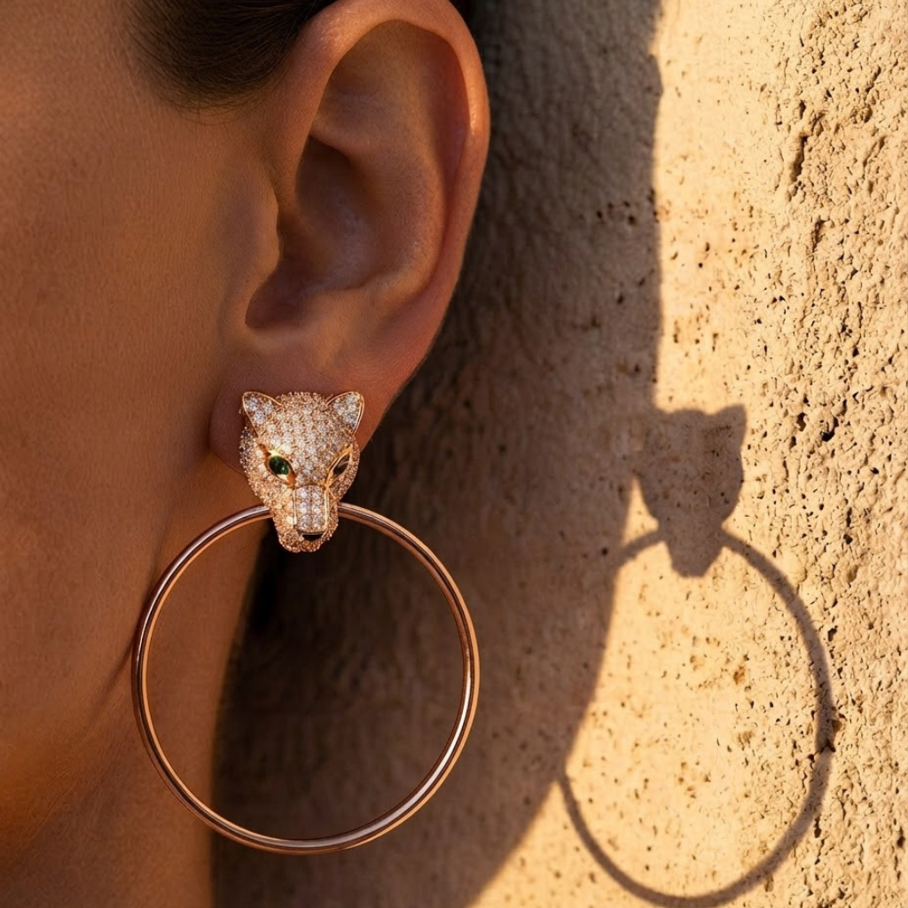 Royal Fiera – large copper hoop earrings with crystal jaguar head – detail 2 – Wear Celestials