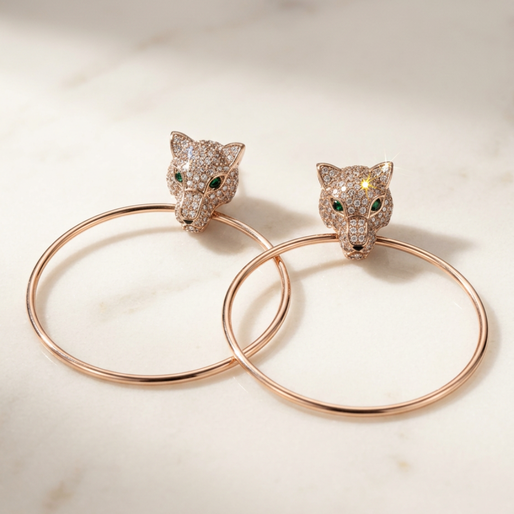 Royal Fiera – large copper hoop earrings with crystal jaguar head – detail 3 – Wear Celestials
