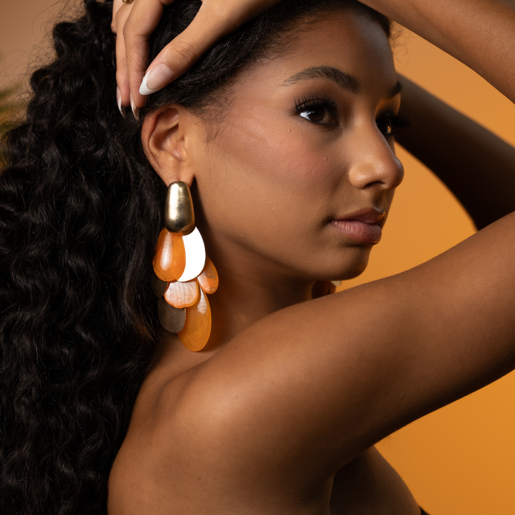 Sienna – long gold and orange leaf earrings – detail 2 – Wear Celestials