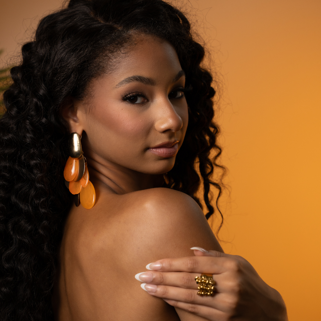 Sienna – long gold and orange leaf earrings – detail 5 – Wear Celestials