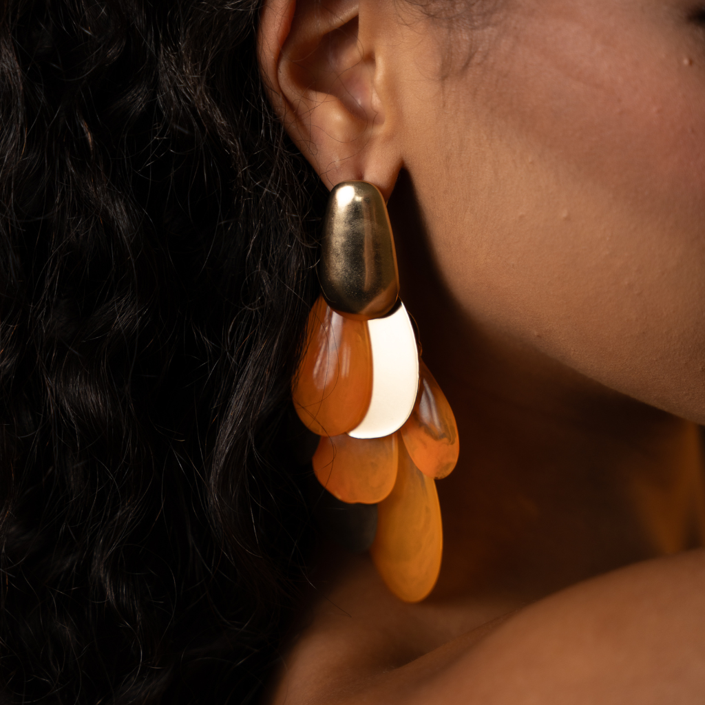 Sienna – long gold and orange leaf earrings – detail 8 – Wear Celestials