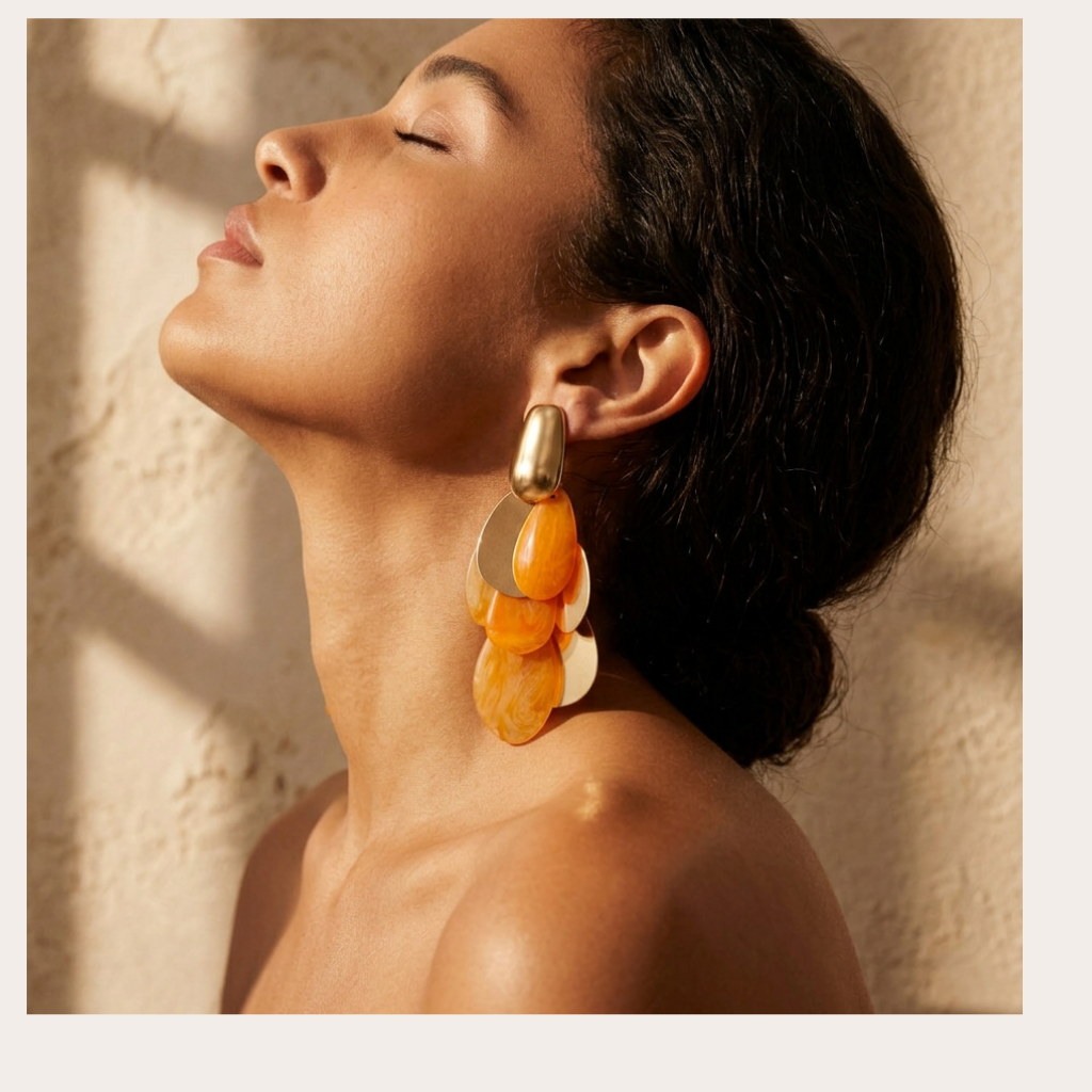 Sienna – long gold and orange leaf earrings – detail 3 – Wear Celestials