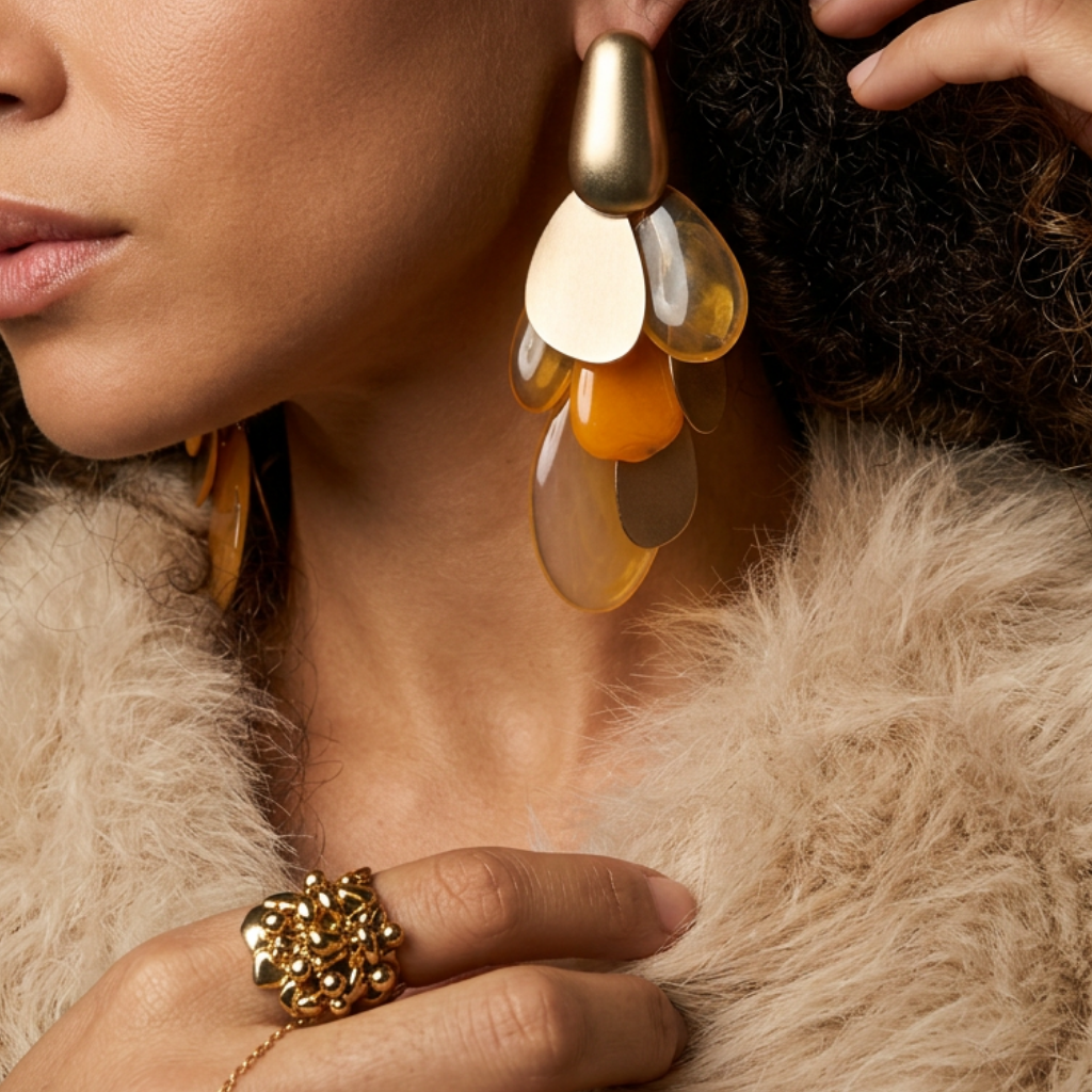 Sienna – long gold and orange leaf earrings – detail 6 – Wear Celestials