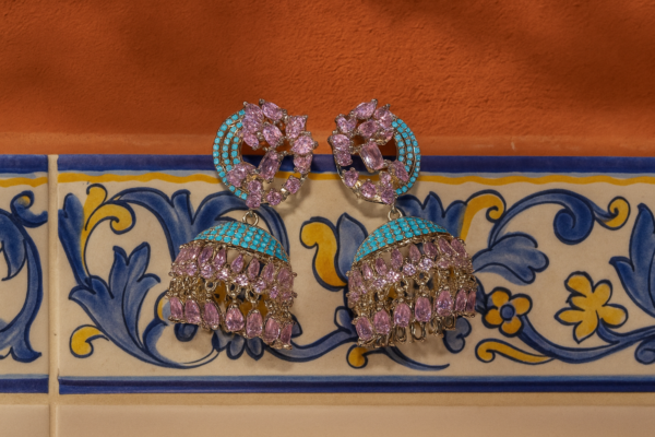 Jhumka oorbellen roze en blauw