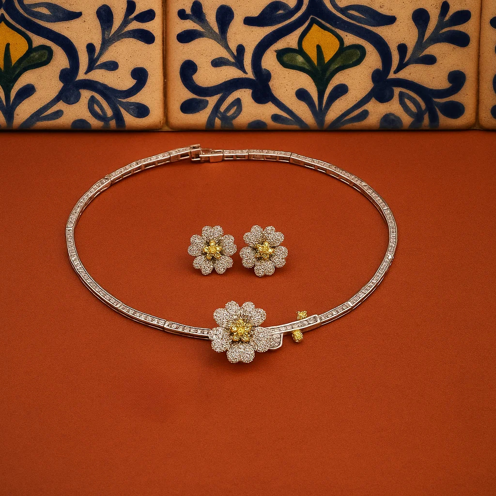 Zilveren ketting en oorbellen bloemenset