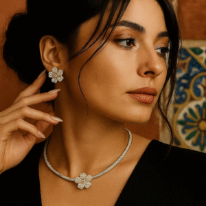 Zilveren ketting en oorbellen bloemenset