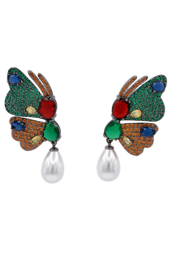 Vlinder oorbellen in groen en goud. Handgemaakte oorbellen, kristal