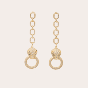 Lange gouden oorbellen, panter