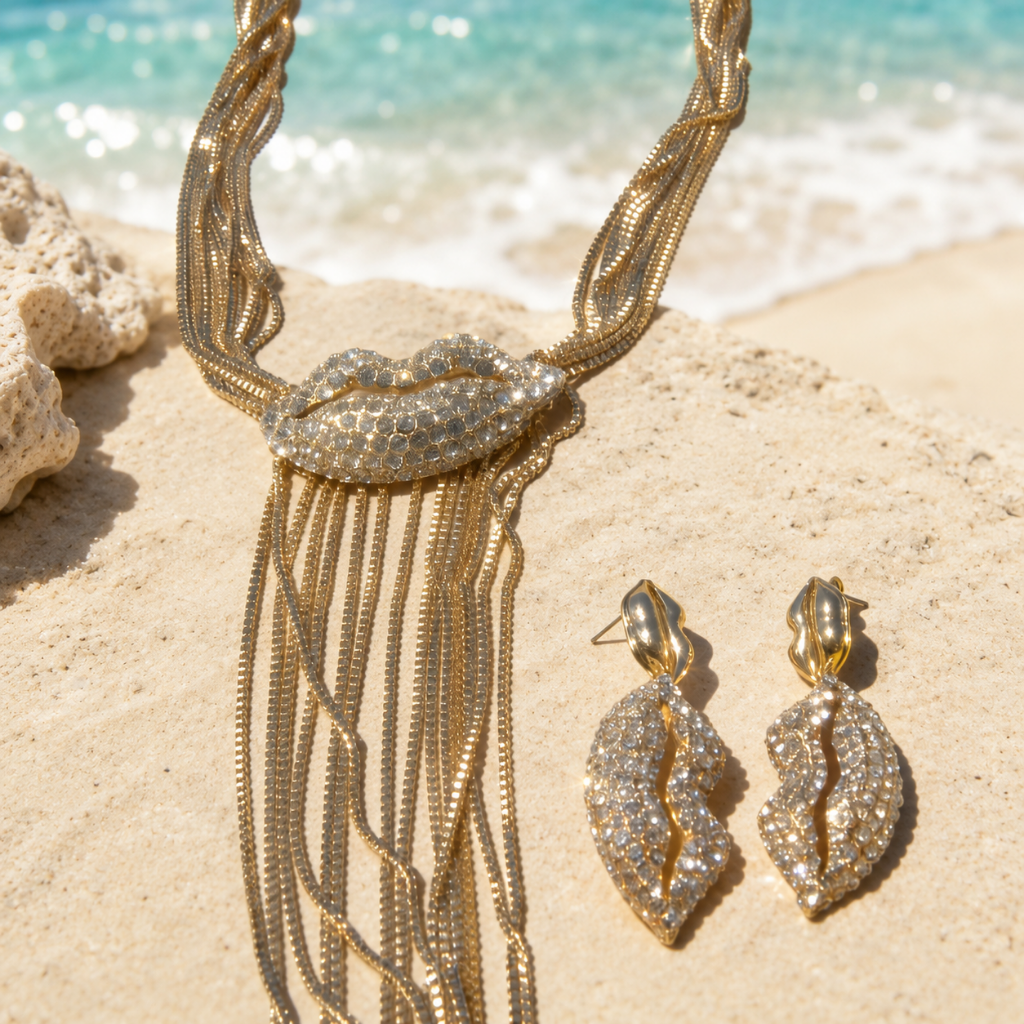 Gouden set ketting en oorbellen mond/kussen